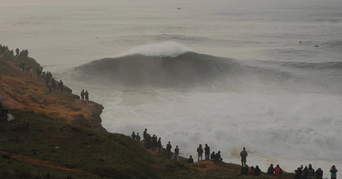 Nazaré big wave from the cliff where the public stands
