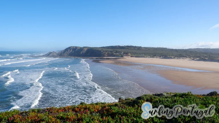 Praia da Amoreira during a big winter swell. View of the whole bay