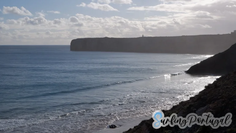 Praia da Mareta looking west to the cape of Sagres during the sunset