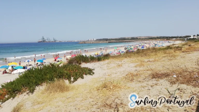 São Torpes beach on a summer day, with some surfers in the water