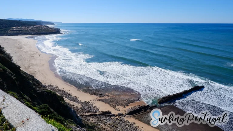View of the beach of Foz de Lizandro from the cliff on a sunny day